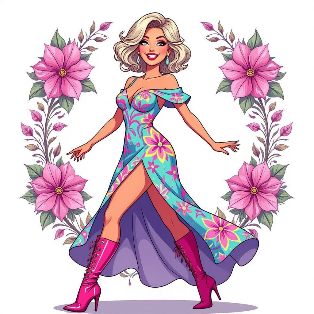 Cartoon gorgeous plump bimbo lady full-length side view smiling with gray eyes, dark blonde wavy short hair
in a fractal...