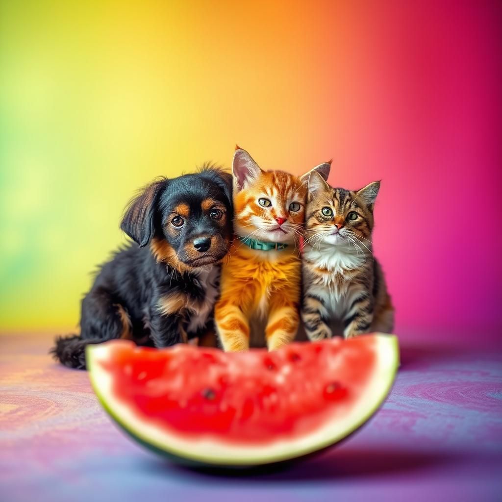 Rainbow Pet Friends Enjoying Watermelon, Photography Style