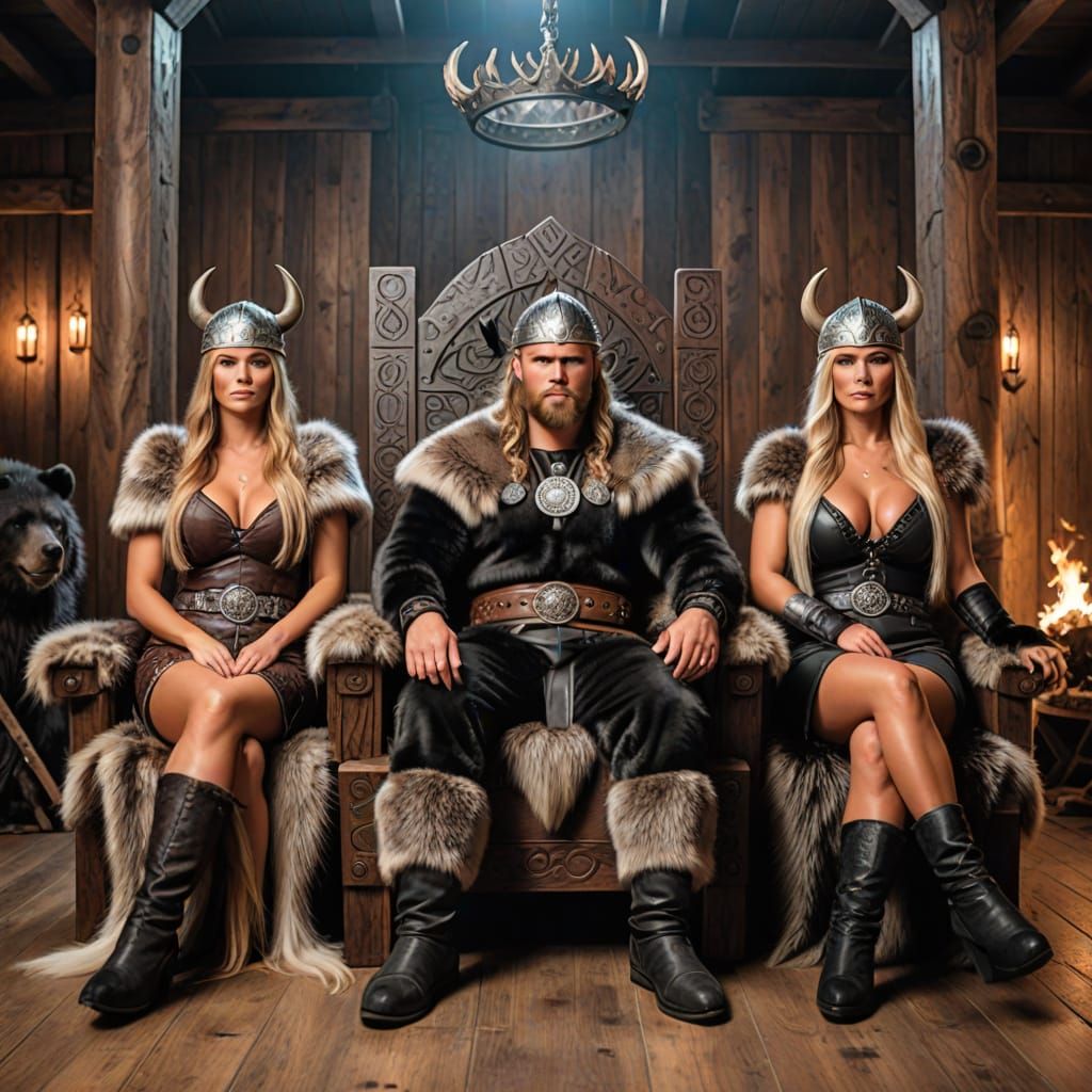 Viking Warrior Sitting on Throne with Hot Viking Babes