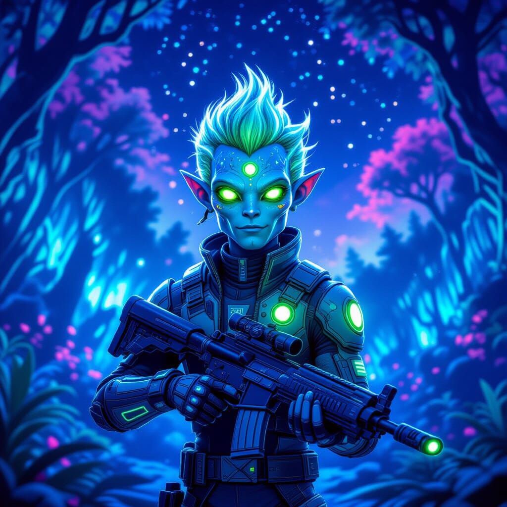 Friendly Blue Alien with Green Hair in Sci-Fi Forest