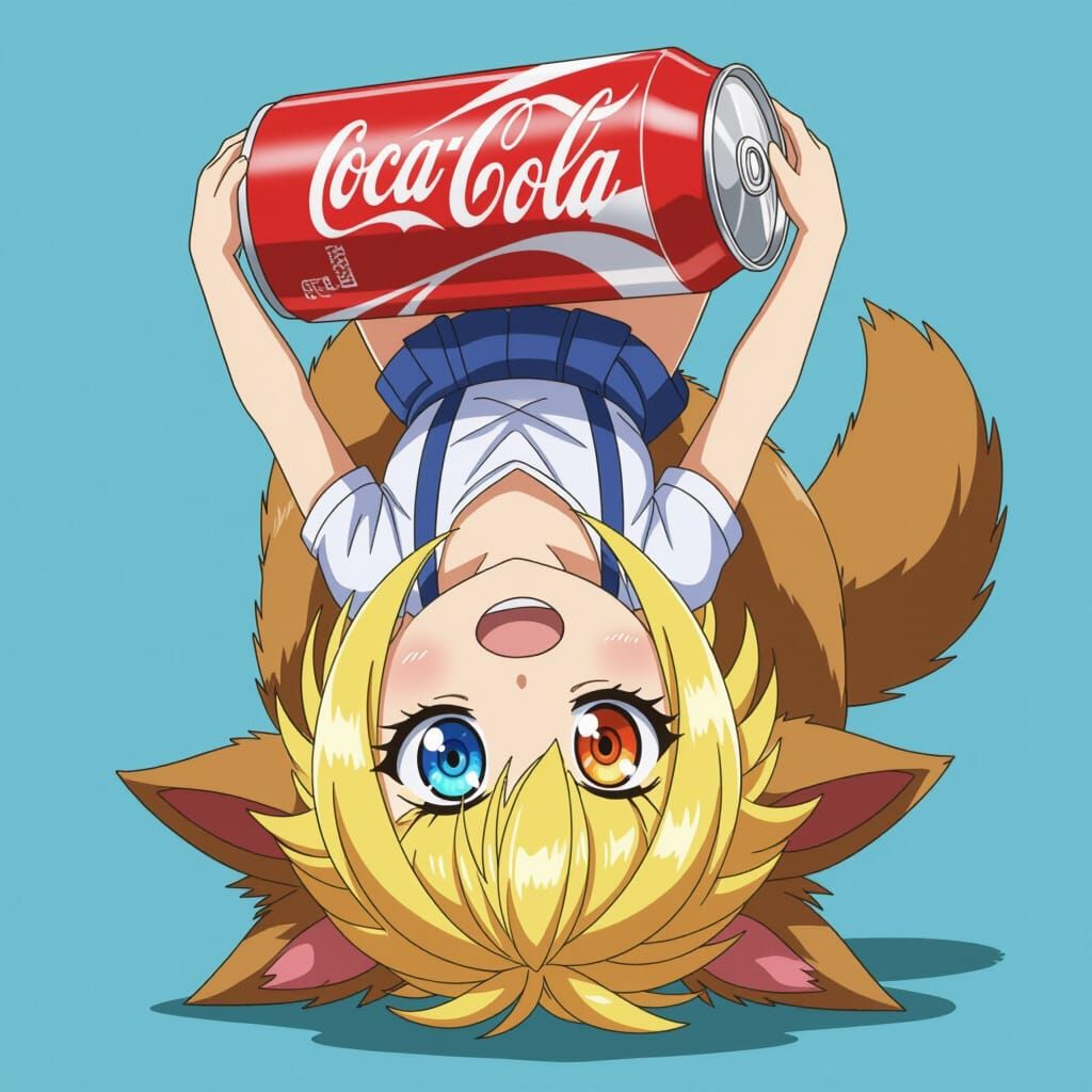 Anime Girl with Bi-Colored Eyes Held by Anthropomorphic Wolf