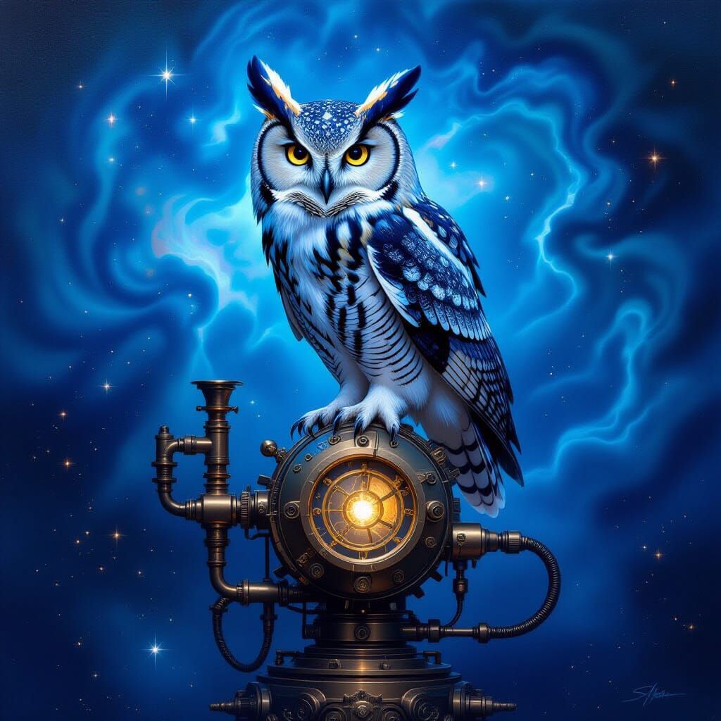 Majestic Owl on Steampunk Automaton in Cosmic Nebula