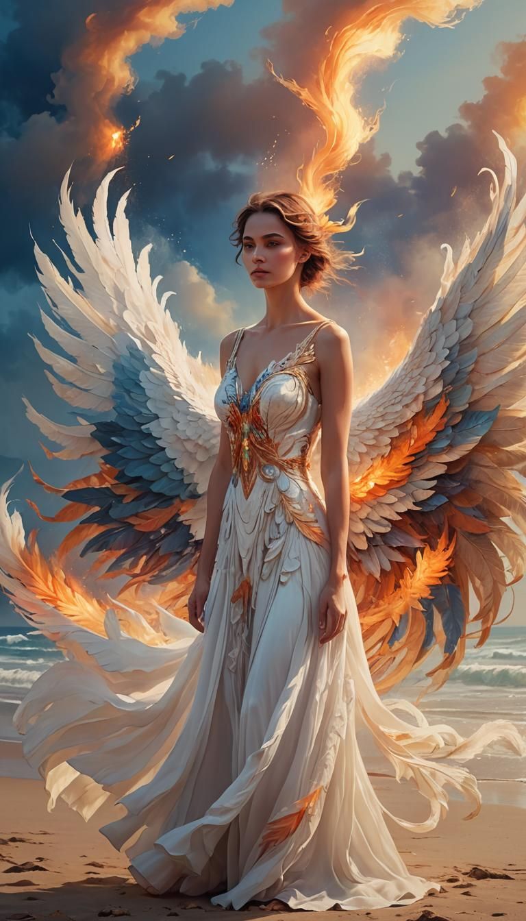 Woman and Phoenix: Vibrant Oil Painting on Beach