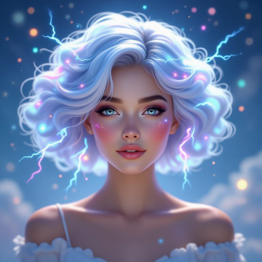 Ethereal Woman with Cloud Hair in Fantasy Realism