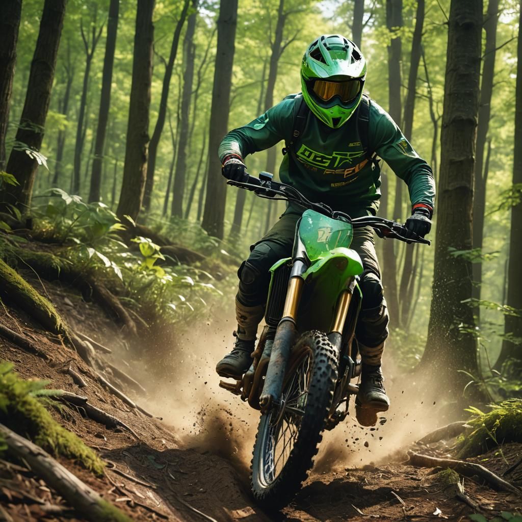 Dirt Biker Rides Through Forest in Splash Art Style