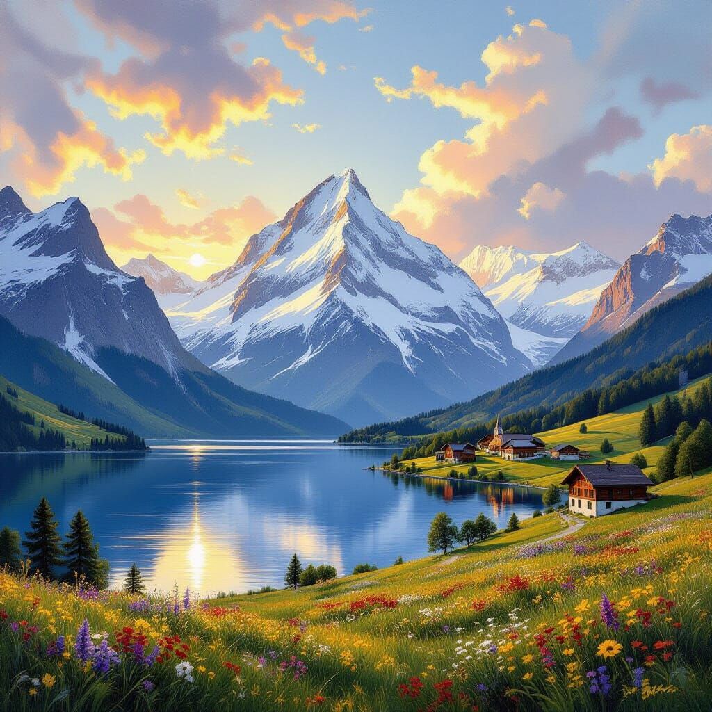 Majestic Swiss Alps Dawn Landscape Painting
