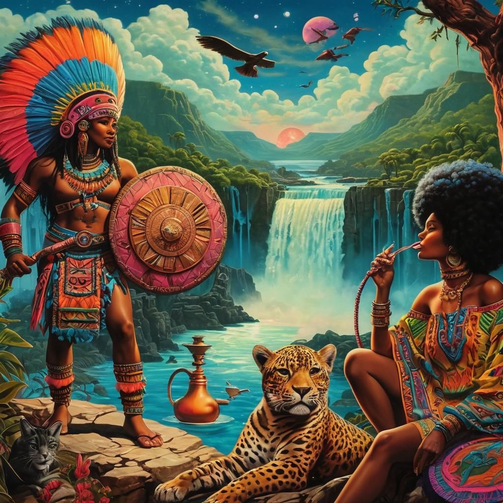 Psychedelic Aztec Warrior Overlooks Hookah Party