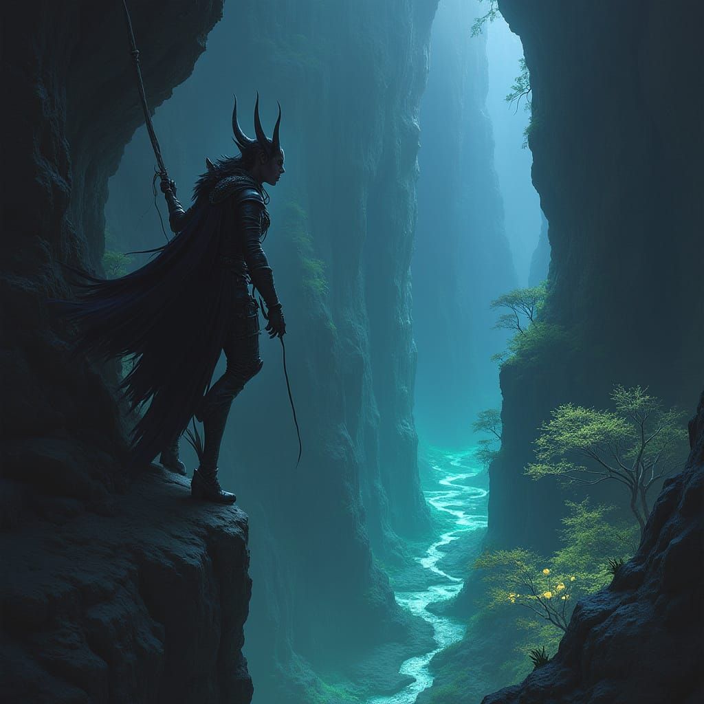 Dark Elf Rogue Descends into Bioluminescent Cavern