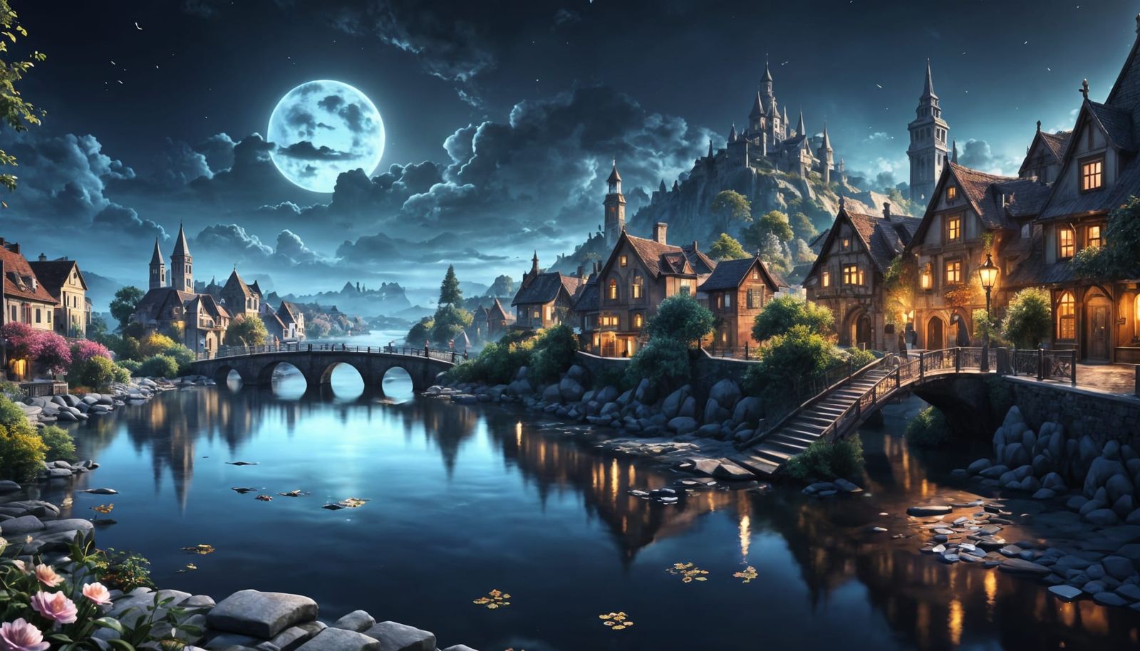 Flowery Town Morning Alley with Brown Bridge