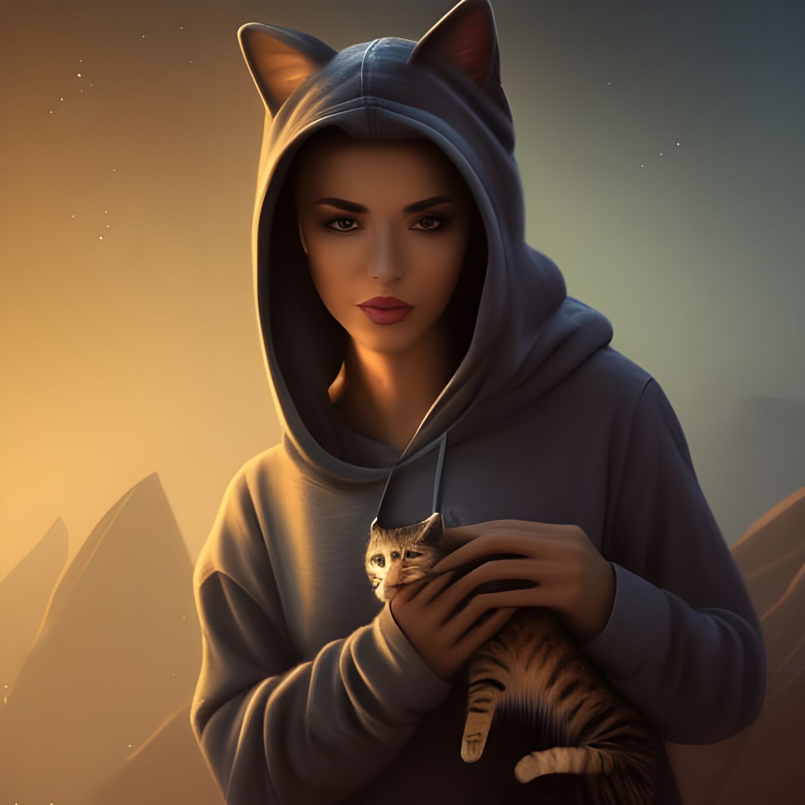Girl with Hoodie and Cat: Fantasy Concept Art