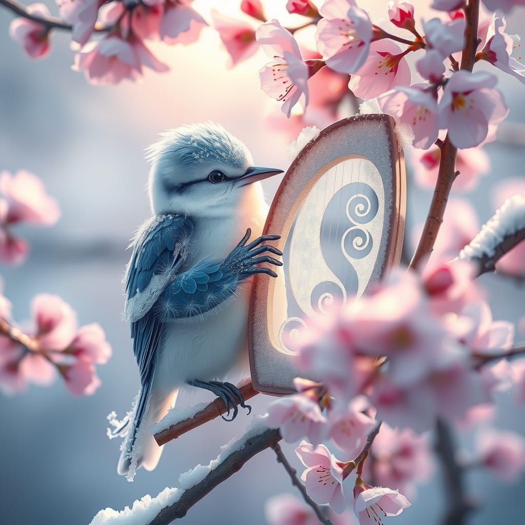 A frozen bluish white snowbird Playing harp sitting on a che...
