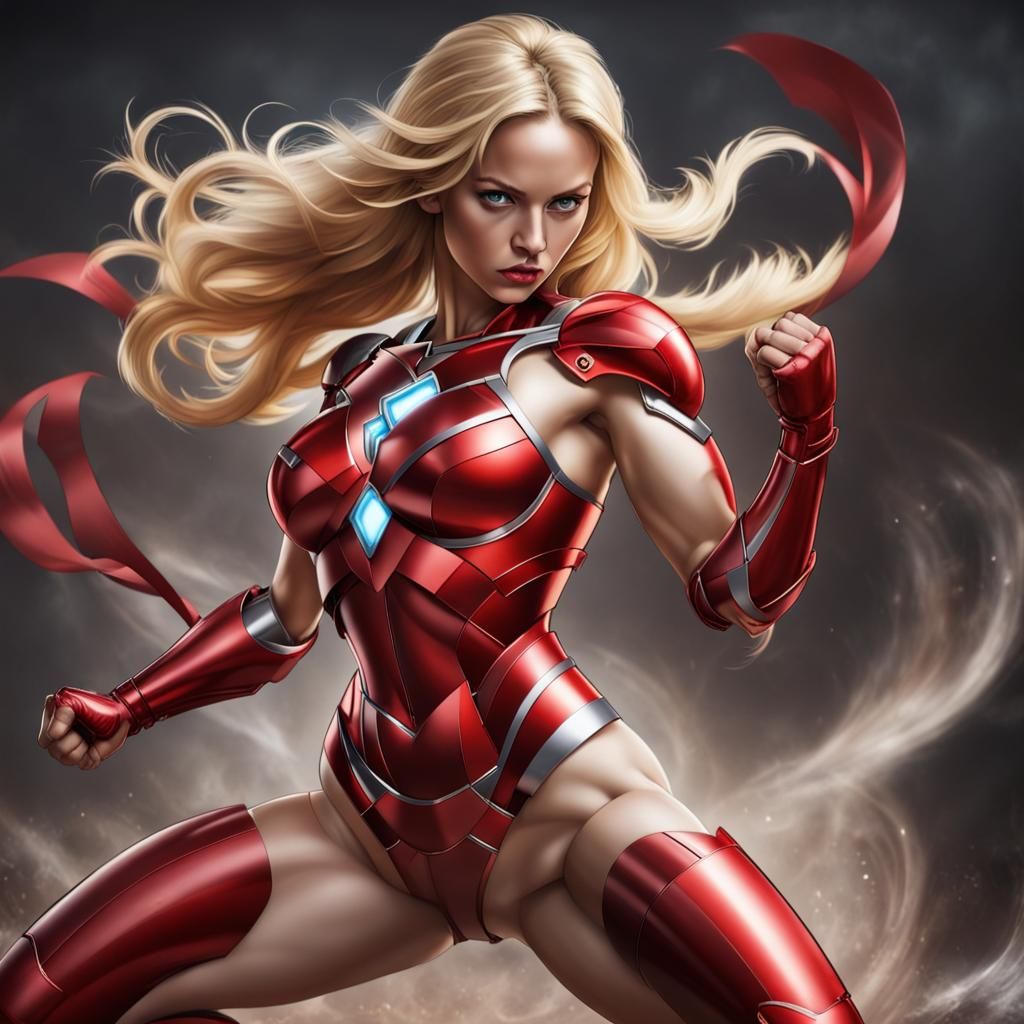 Bright red iron woman, blonde hair, hourglass body in powerful female fighting pose