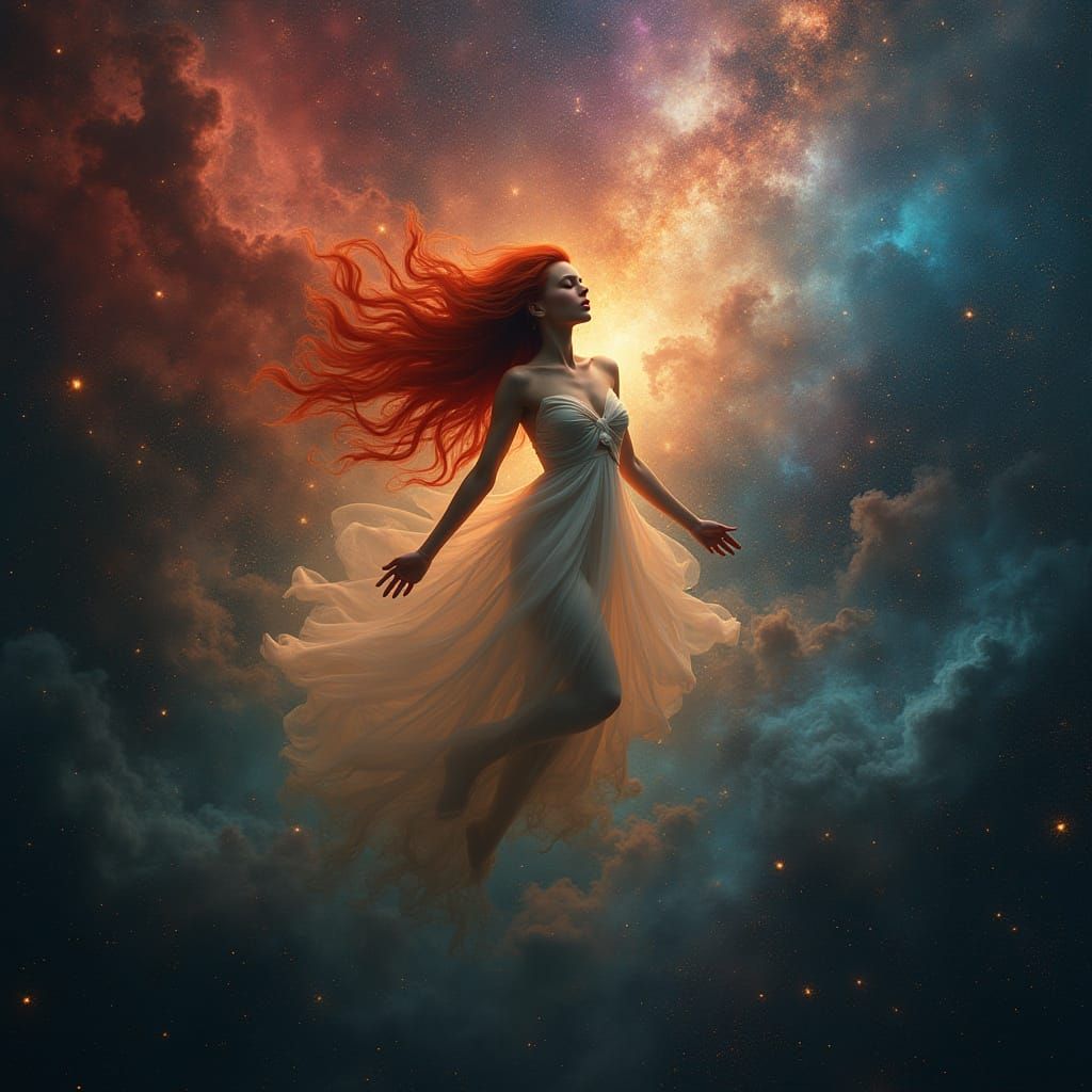 Ethereal Cosmic Goddess in Vibrant Nebula