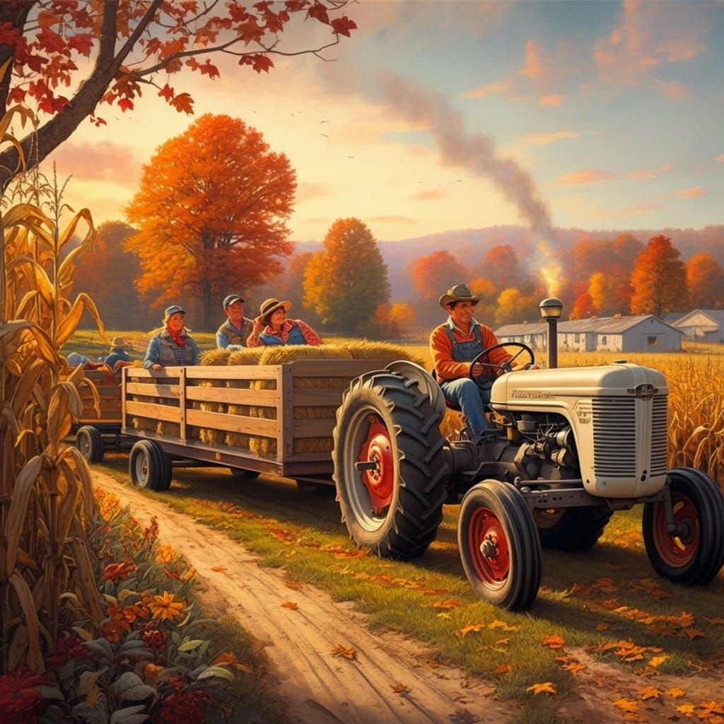 Autumn Hayride on Corn Farm in Rockwell Style