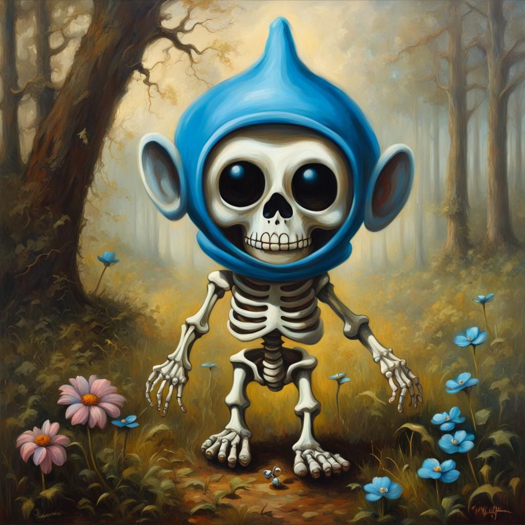 Surreal Teletubby Skeleton Smurf Hybrid Oil Painting