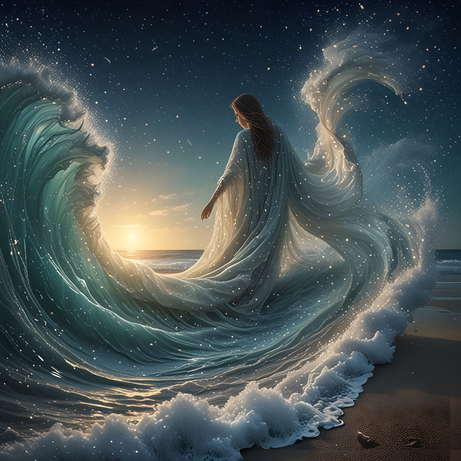 Cosmic Fabric Beach Cloak Unfurls in Sparkling Waves