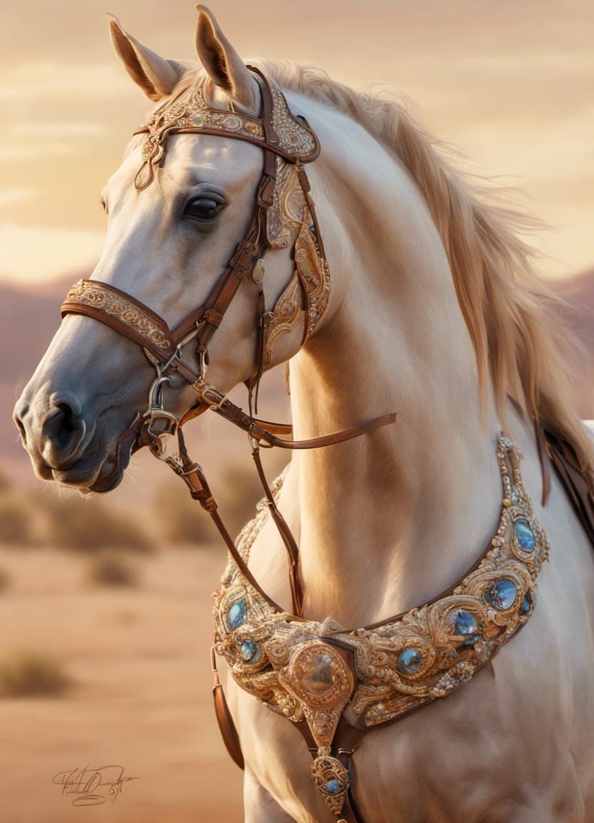 Palomino Arabian Horse Galloping in Desert Oasis