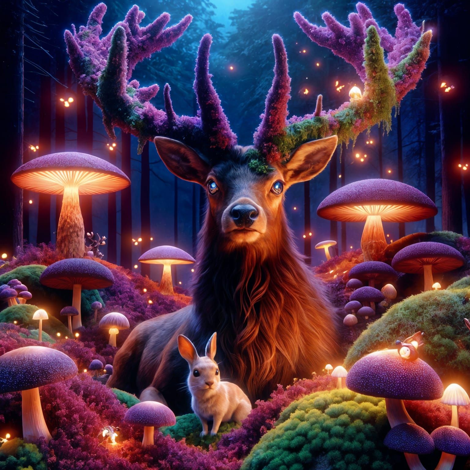 Enchanted Twilight: Deer and Rabbit in Dreamlike Forest