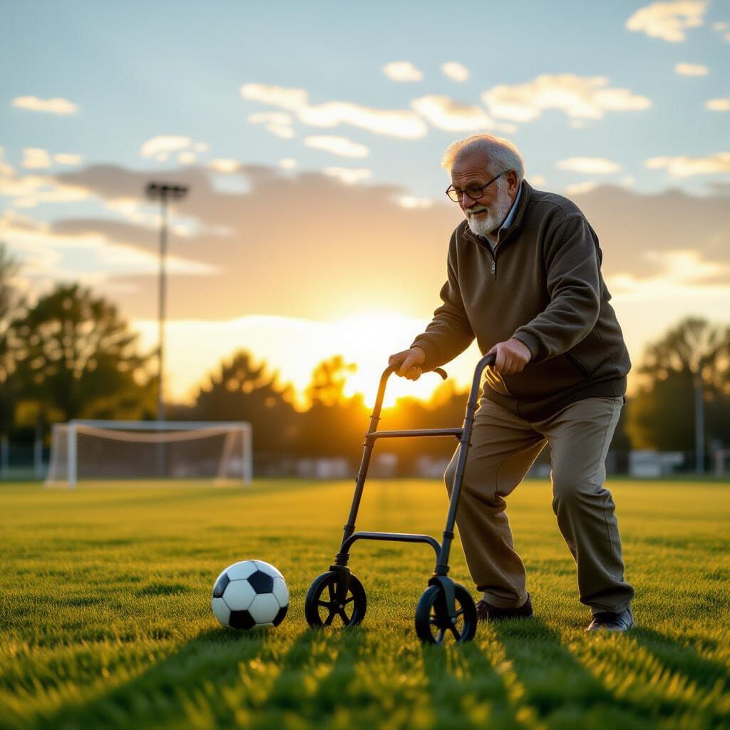 Elderly Man Plays Soccer at Sunset - Cinematic
