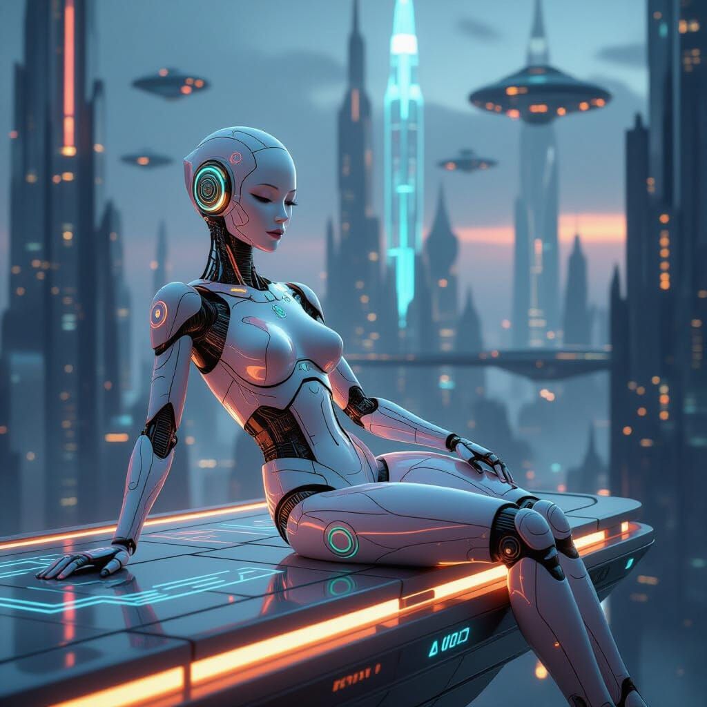 Ceramic Android in Glowing Cyberpunk City