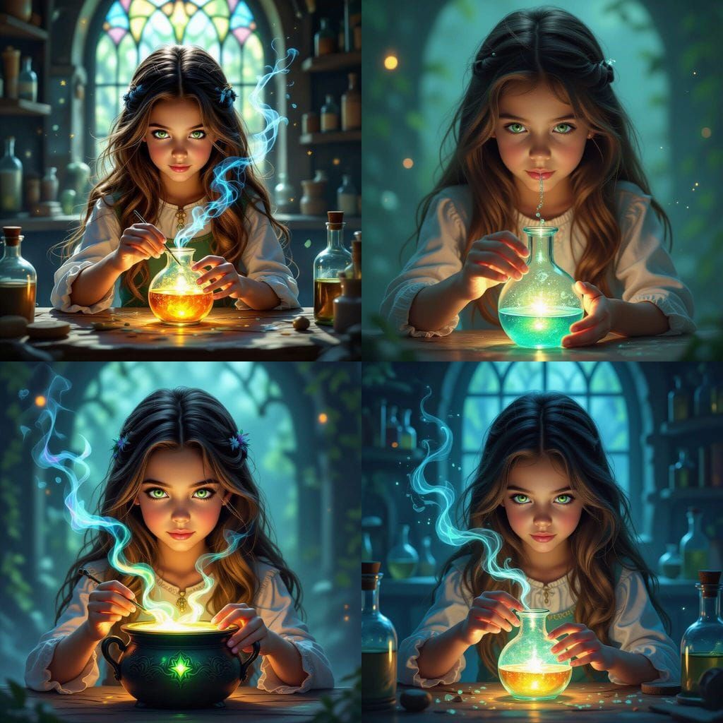 Young Witch Brews Magical Potion with Green Eyes