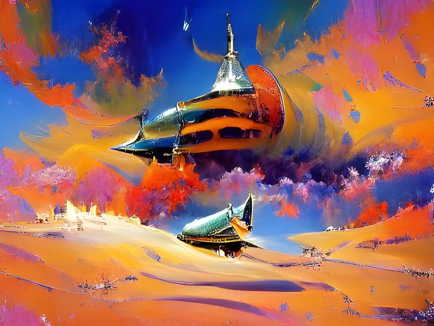Retro-Futuristic Spaceship in Space Art Style
