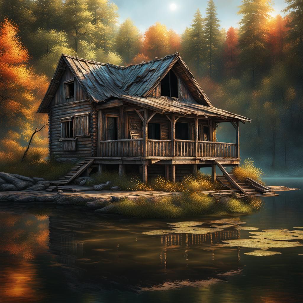 Derelict Lakeside Cabin in Cinematic Photographic Realism