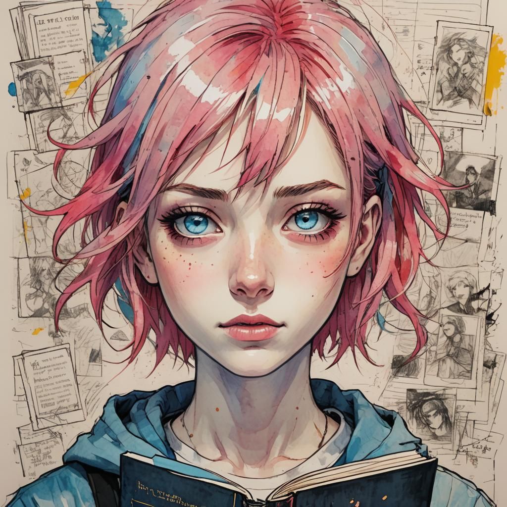 Manga Teenager with Pink Hair and Blue Eyes