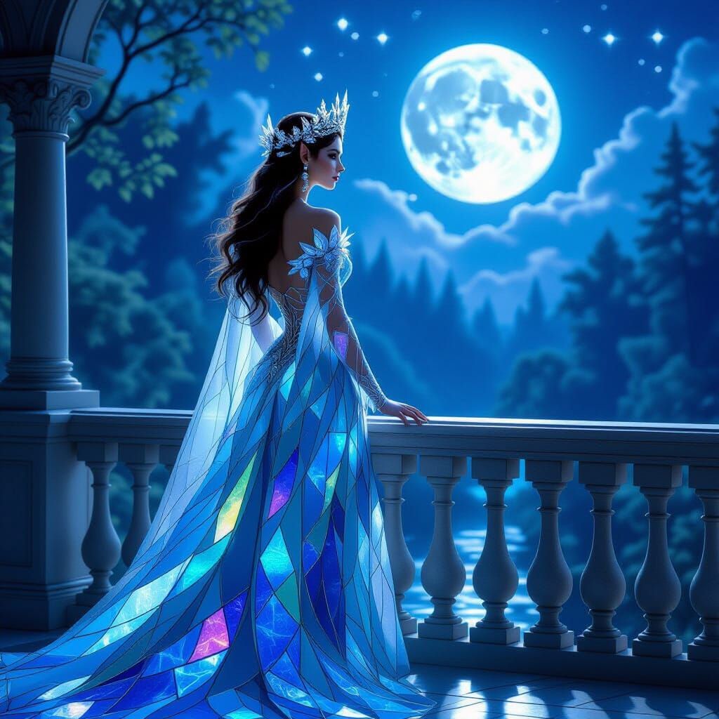 Regal Elven Queen in Shimmering Stained Glass Gown