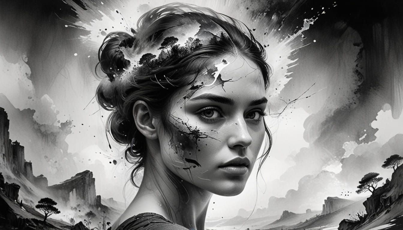 Surreal Landscape Within a Woman's Head