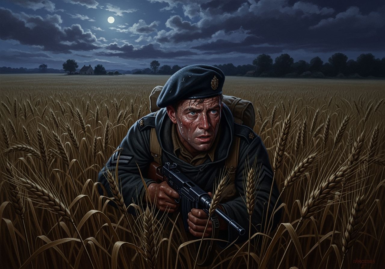 British Commando Crawling Through Wheat Field at Night
