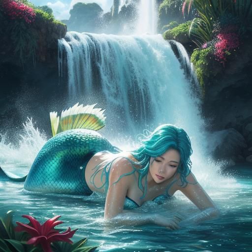 Mermaid Playing in Waterfall, Hyper-Realistic Splash Art