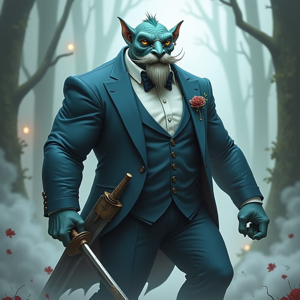 Kobold in Tuxedo with Aqua Scales and Longsword