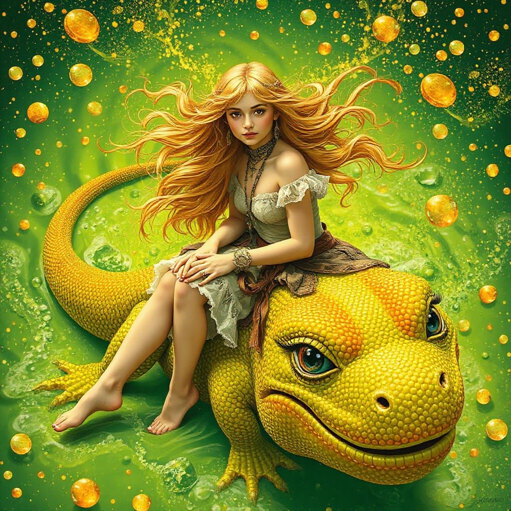Woman on Gummy Salamander in Soda Sea