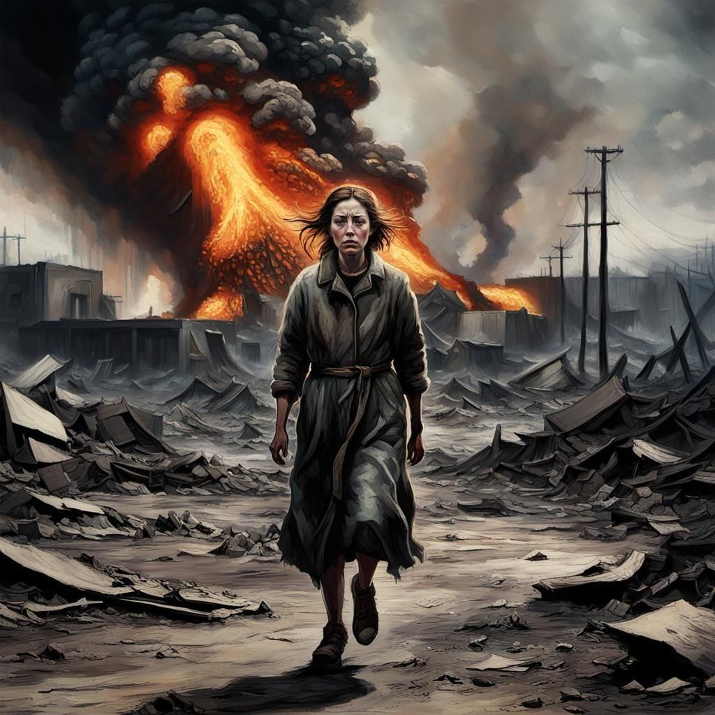 Woman Walks Toward Nuclear Blast in Oil Painting