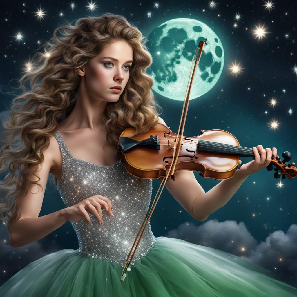 Hyperrealistic Woman Playing Violin Under Full Moon