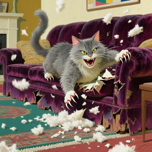 Mischievous Cat Shreds Sofa, Fluffy Stuffing Flies