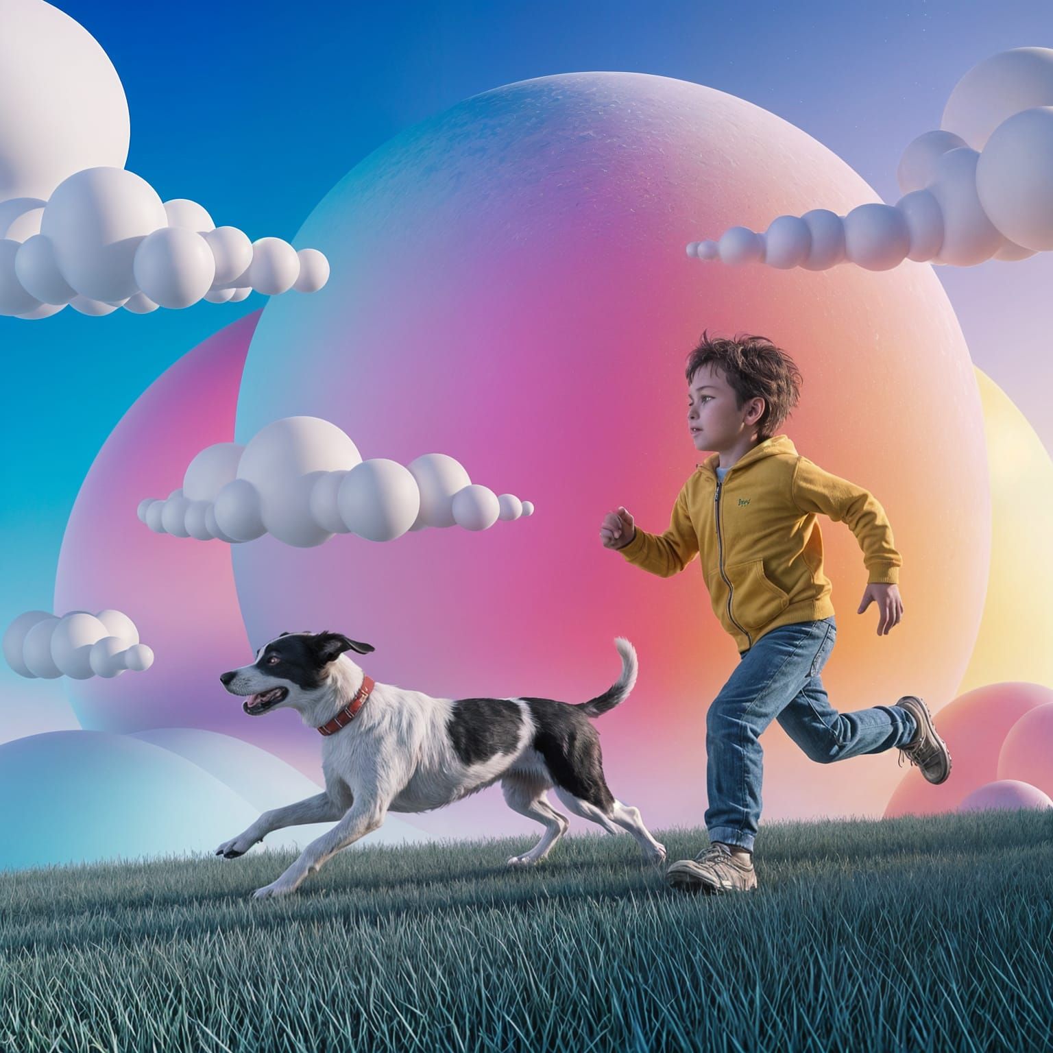 Joyful Boy Runs Free in Vibrant, Surreal Meadow