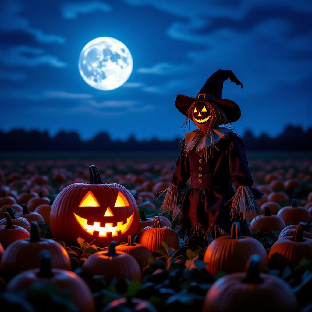 Jack-o'-Lantern and Scarecrow in Moonlit Pumpkin Field