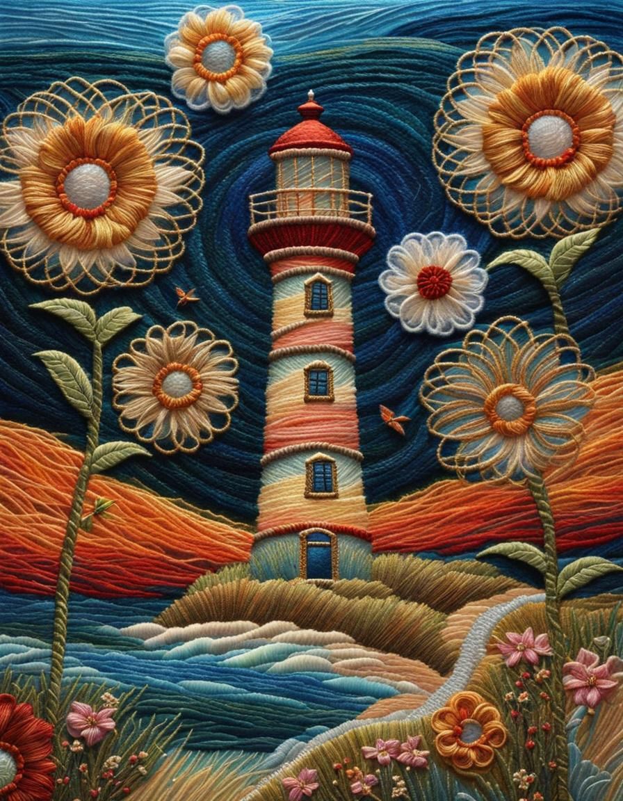 Glittery Thread Embroidered Lighthouse Island