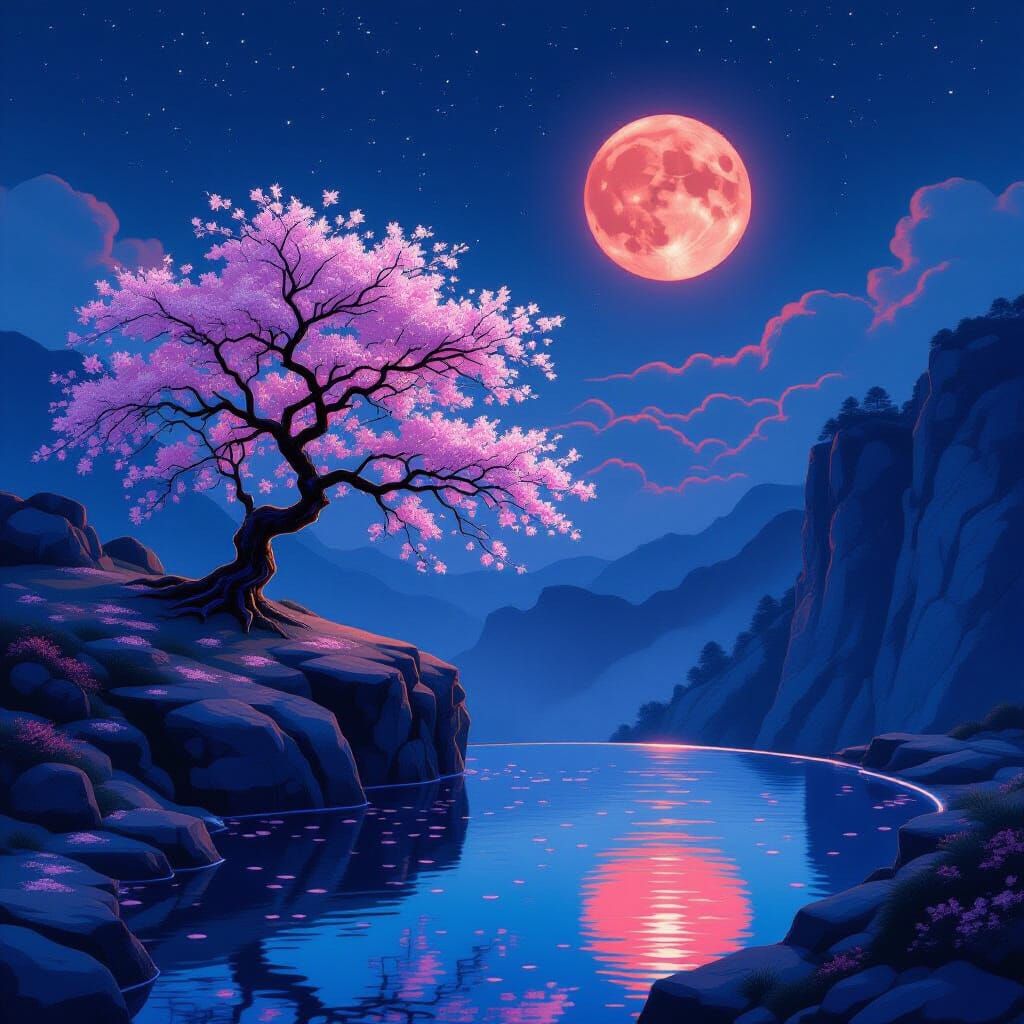 Fairytale Moonlit Landscape with Cherry Blossom, Dreamlike A...