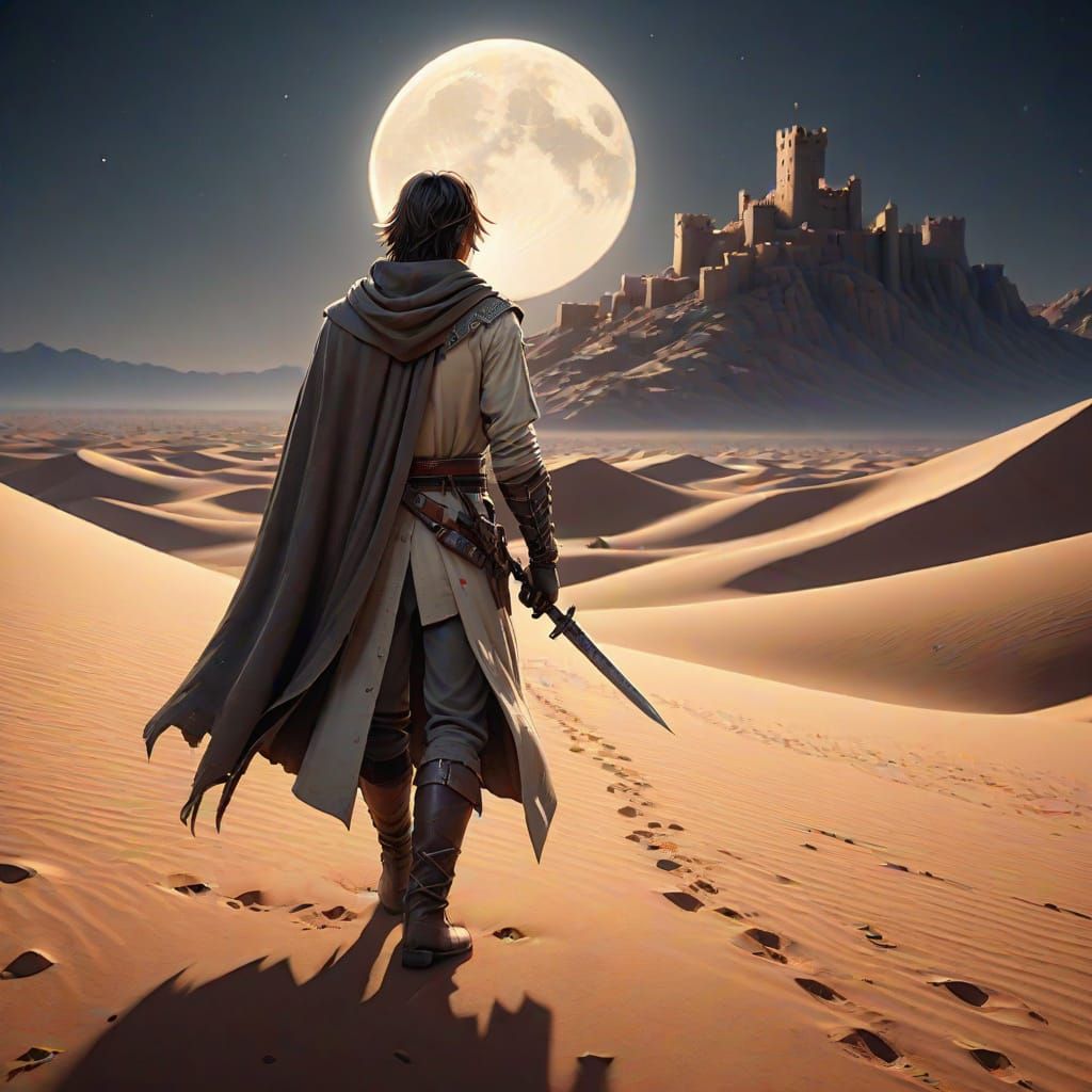 Young Adventurer Ascends Desert Castle Under Starry Night