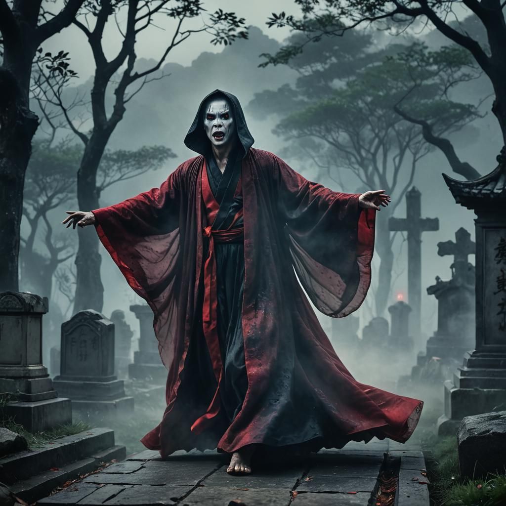 Chinese Hopping Vampire Rises in Misty Graveyard