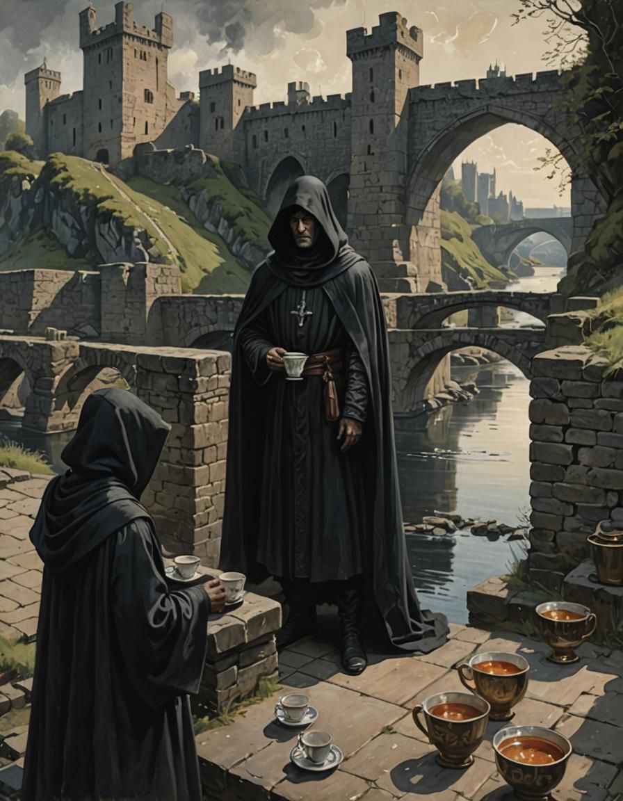 Enigmatic Figure with Cups and Distant Keep