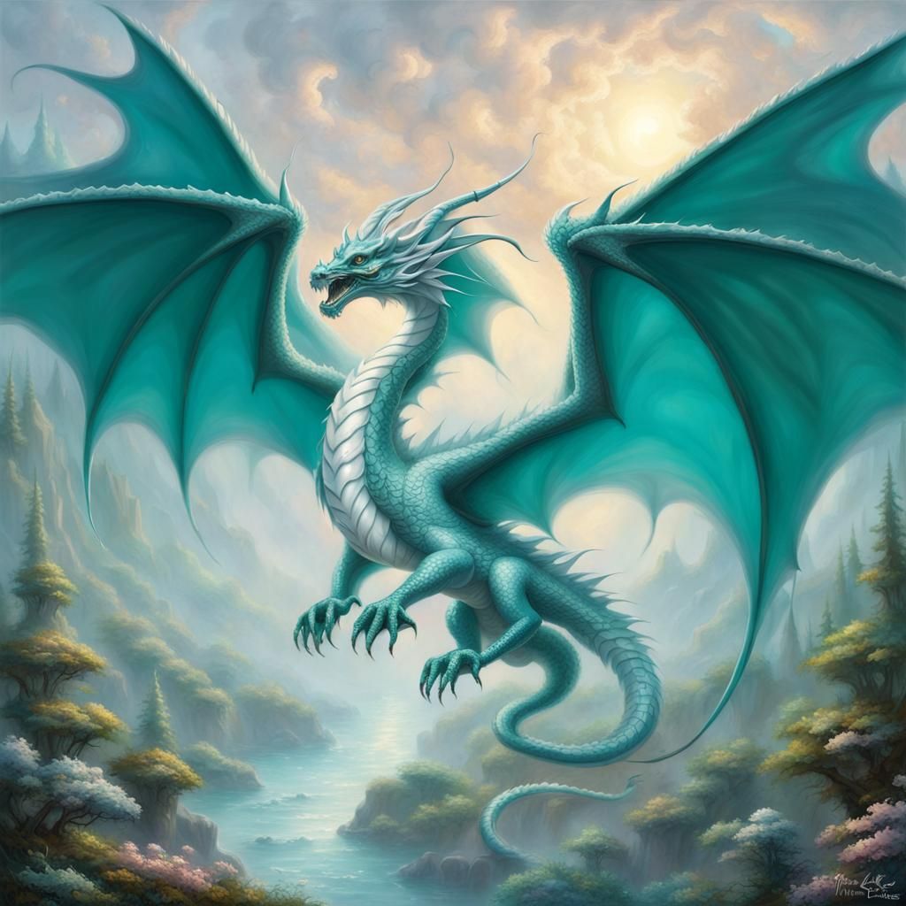 Ethereal Teal Dragon in Hyperdetailed Fantasy Landscape