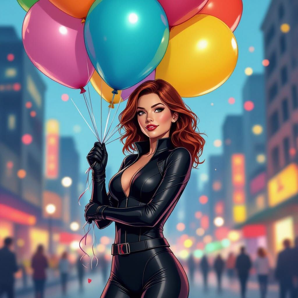 Black Widow Hugging Party Balloon in Comic Style