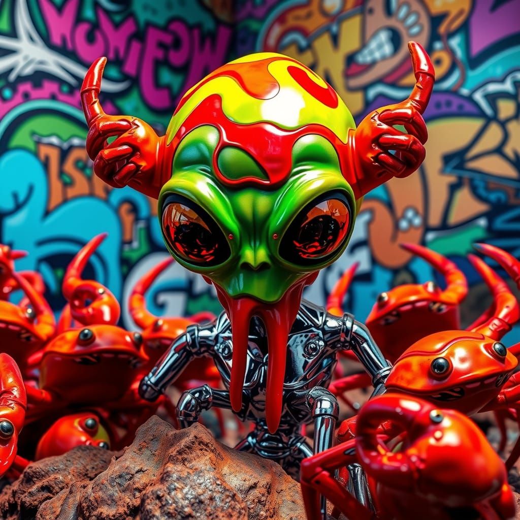 Alien Magician with Crabs in Psychedelic Graffiti Scene