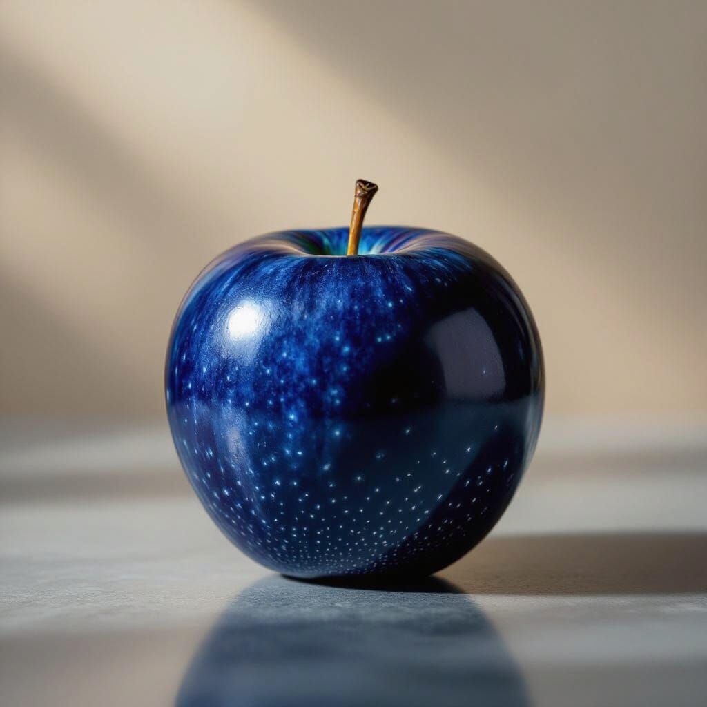 Vibrant Deep Blue Apple on Reflective Surface