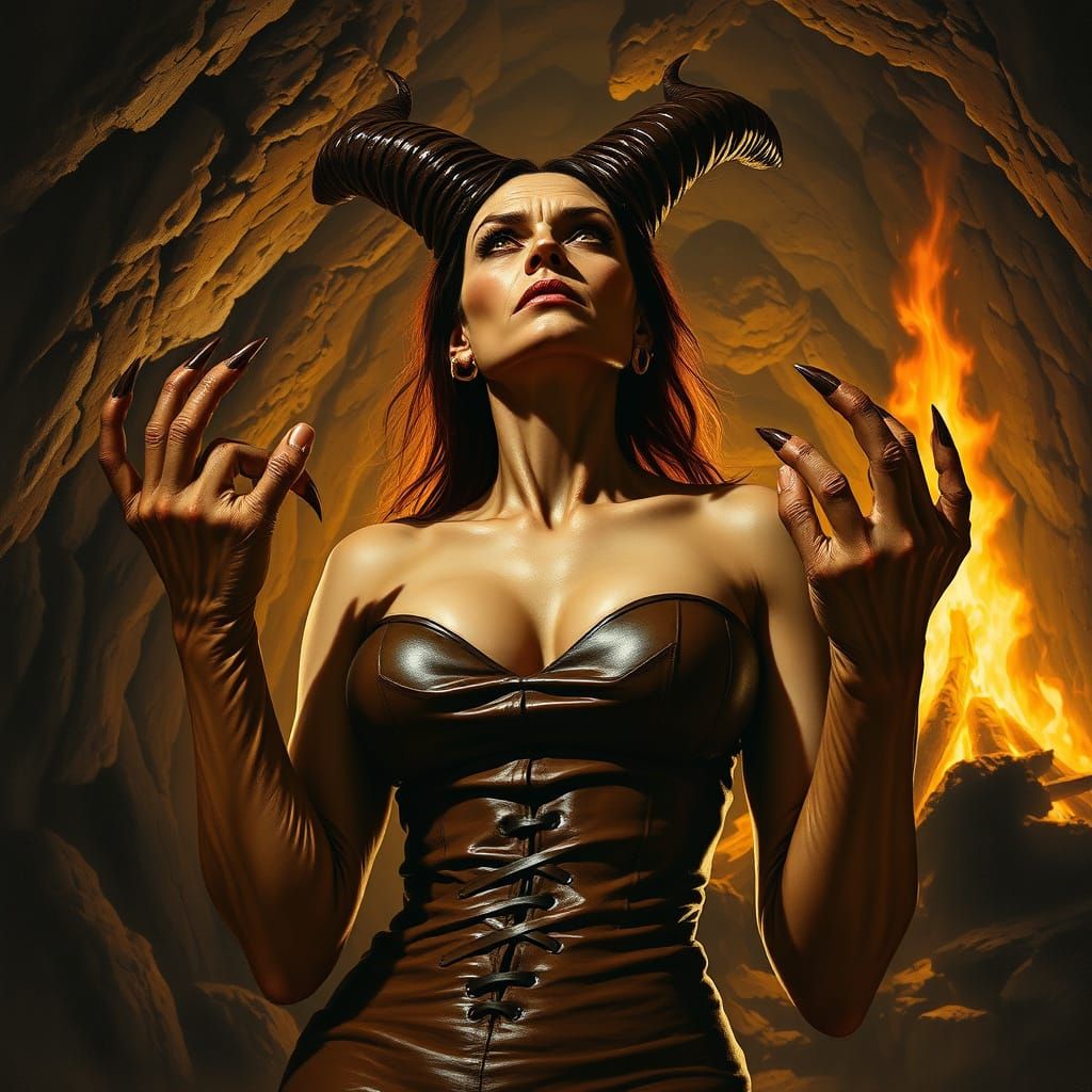 Terrifying Devil Woman in Leather with Horns