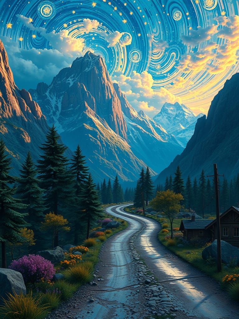 Vibrant Fantasy Road in Van Gogh Meets Minecraft Style